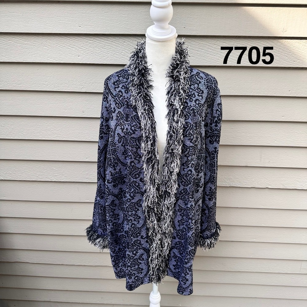 Brenda French Rags Blue Black Damask Merino Wool Fringe Cardigan Jacket Size 4